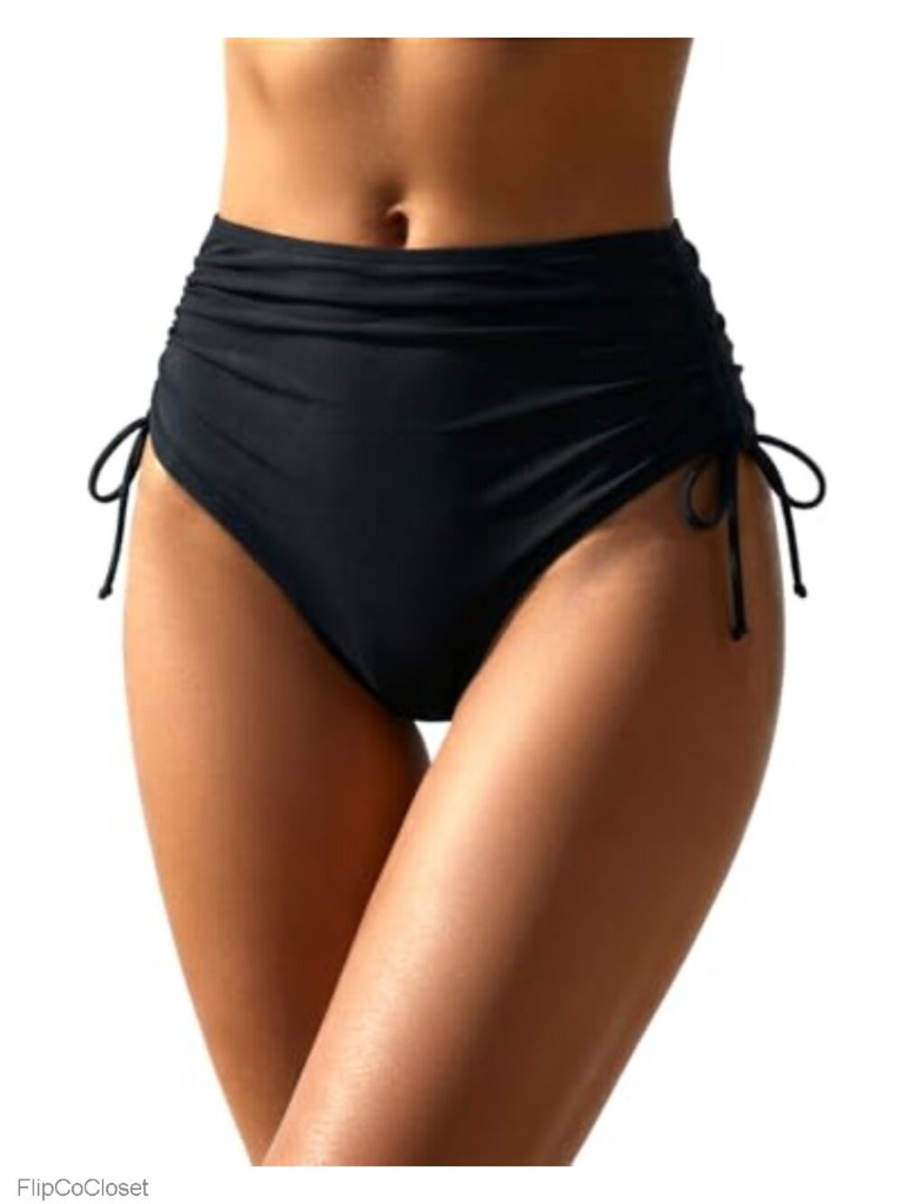High Waisted Bikini Bottom Tummy Control Ruched Drawstring Side Full Coverage